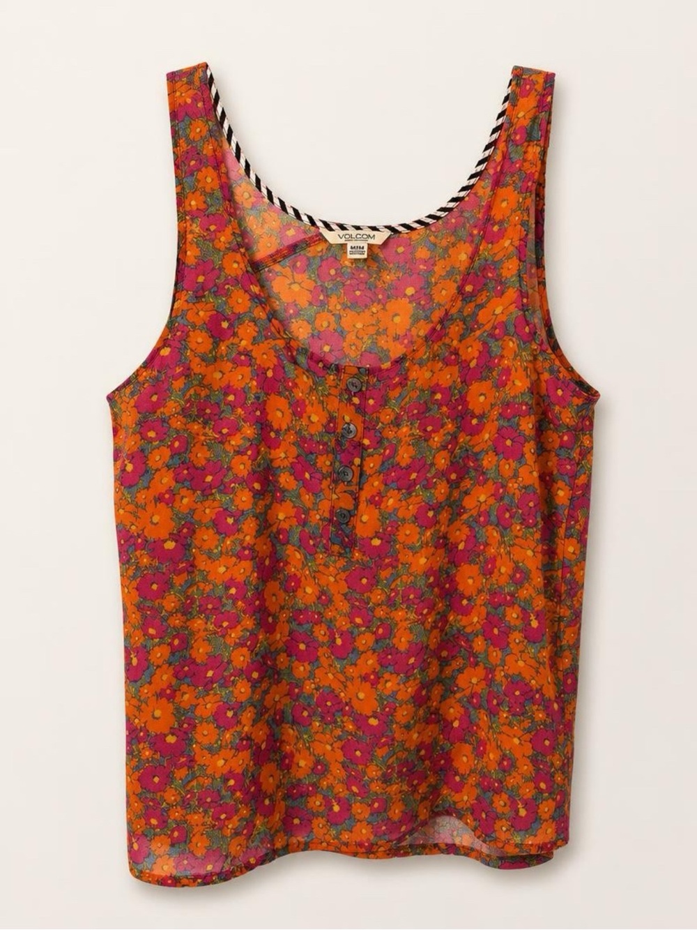 Volcom Bright Orange & Fuchsia Floral Henley Tank